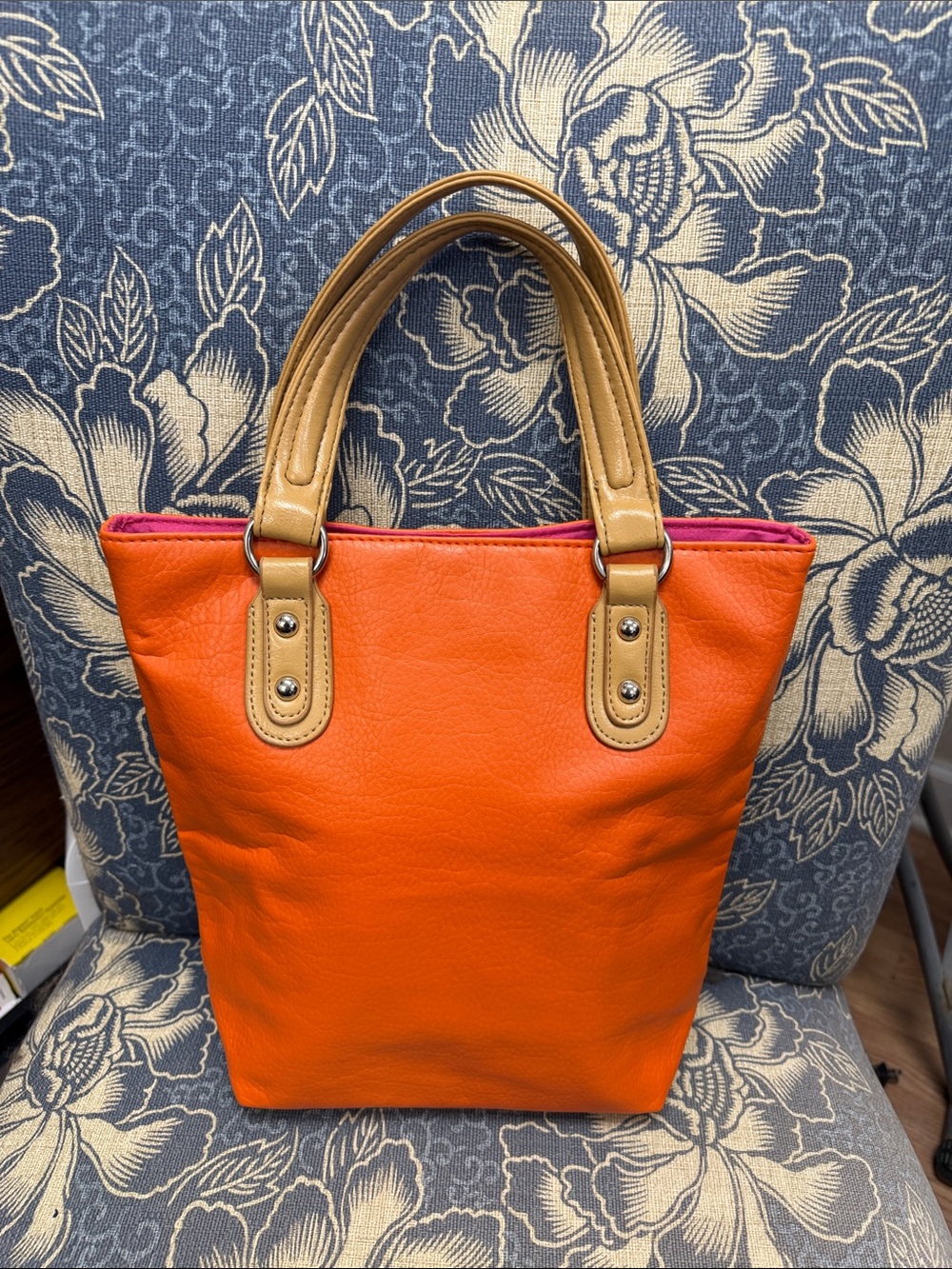 Orange Tote Bag with Tan Handles - Stylish Women's Carryall